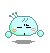 Pixelated light blue character with green accents, orange cheeks, and black eyes in four poses: two neutral, one with pink zigzag lines above head, one with shadow shift.