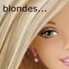 Close-up of a doll's face with blonde hair, visible eye, ear, and lips, with text 'blondes...' in the top-left corner.
