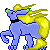 Pixelated blue quadrupedal creature with yellow mane and tail, green-tipped ears, black collar, standing on gray background.