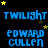 Blue pixelated text 'TWILIGHT' and 'EDWARD CULLEN' on black background with yellow stars, arranged in a pattern