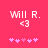 Pixelated pink background with white text 'Will R.' and '<3' above five pink asterisks, showing animation in the leftmost asterisk's brightness.