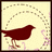 A pixelated red bird stands on a light beige background with curved gray and pink decorative elements.