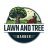 Pixelated circular icon shows a landscape with green grass, dark green tree, light beige building, and red ground detail beneath text reading "LAWN AND TREE" in blocky letters.