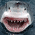 A shark with a wide open mouth showing teeth appears in two , with the right displaying partial text