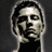 Static grayscale pixel art of a person's face with dark hair and a black top against a gray background, rendered in low resolution with visible dithering and anti-aliasing effects.