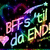 Pixelated icon with multicolored text 'BFFS do END' over dark background, featuring a pink heart symbol and swirling rainbow lines.