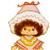 Pixelated cartoon character with brown hair wearing a large white hat and yellow top, displayed on transparent background.