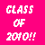Pixelated text 'CLASS OF 2010!!' appears in two color variations on a solid pink background, one white and one yellow.