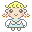 Pixel art angel with blonde pigtails, light blue dress, white wings, and pink cheek marks in six poses showing hand positions and mouth expressions.