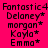 Four identical pixelated text arranged in a , each displaying 'Fantastic4 Delaney* morgan* Kayla* Emma*' in black font on distinct solid backgrounds