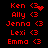Red pixelated text lists names with a red heart symbol on black background, showing animation changes in the heart's shape across frames.