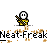 Animated contact sheet showing a pixel art character with white skull face and yellow outfit performing actions across multiple frames, including running, cloud effects, and text repetition.