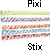 Animated sequence showing text variations of 'Pixi' and 'Stix' with color changes across multiple horizontal stripes.
