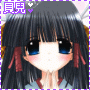 Pixelated anime-style avatar with long dark hair, red side ties, and large blue eyes; purple text "貝兒" above head with heart symbols.