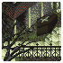 Pixelated scene with dark, twisted tree branches against a muted green and purple background featuring a black iron fence.