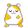 Pixelated hamster character with white and orange fur, small ears, and yellow feet in six distinct poses showing varied eye expressions and hand positions.