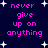 Dark blue background with white star shapes and repeated pink text reading "never give up on anything" in pixelated font.