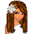 Pixelated static icon of a woman with long brown hair, light skin tone, and blue eyes against a white background with scattered pastel squares.