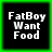 Four identical square with black backgrounds and green borders display white pixelated text reading "FatBoy Want Food" in three lines