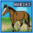 Six pixelated horse animations in a , each labeled 'HORSES' with brown horses walking against blue sky and green grass backgrounds
