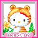 Hello Kitty in orange tiger-striped outfit with ears, holding yellow flower, standing on gray background with green foliage and pink border.