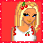 Pixel art character with blonde hair, cherry accessories, white top and pants, red handbag, blue eyes, smiling expression on solid red background.