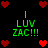 Pixelated green text 'I LUV ZAC!!!' appears four times on a black background, surrounded by red heart icons.