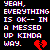 Pixelated text on black background with red broken heart symbol, reading 'YEAH. EVERYTHING IS OK—IM A MESSED UP KINDA GUY.'