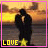 Silhouetted couple embracing at sunset with yellow text 'LOVE' and star symbol below, pink border framing the scene.