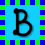 Two identical black stylized B letters on light blue background with alternating green and blue vertical stripes border.