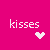 Pixelated pink and white icon set with text labels 'kisses', 'hugs', 'and', 'squeezes' paired with heart symbols on solid backgrounds.