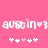 Pixelated text 'austin' with heart symbols and star-like shapes on a pink background, showing animation changes in the lower of icons