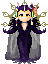 Pixel art character in dark purple dress with gray cape, gold crown, and colorful hair ornaments, shown in multiple poses with varying arm positions and facial expressions.