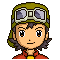 Pixel art character with green aviator helmet and goggles, red jacket over yellow shirt, transitioning through multiple expressions including neutral, surprised, and distressed states.