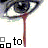 Animated sequence of a stylized eye with red tears streaming down, accompanied by changing text below the eye.