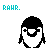Pixelated icon with cyan text 'RAWR.' above a black-and-white penguin-like face featuring closed eyes and braided hair.