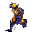A 3x3 contact sheet of pixelated Wolverine frames showing running and clawing poses with yellow, blue, and brown colors on a gray background.