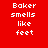Four display the text 'Baker smells like feet' in pixelated white font against red and black backgrounds