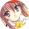 Anime-style character with pink hair and purple eyes in circular frame, holding yellow flower-like object.