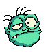 Six pixelated green cartoon heads with antennae display varying facial expressions against a gray background.