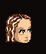 Pixelated cartoon head with brown and white braided hair, blue eyes, and neutral expression on black background.