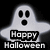 Pixelated ghost icon with large black eyes and mouth, displaying "Happy Halloween" text below.