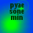 Blue background with green gradient glow and four identical text blocks reading 'pyae sone min' in dark pixelated font, each containing a small bright green dot.
