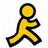 Yellow stick figure with black outline in walking pose, right arm forward, left leg extended; adjacent text reads 'aim fool' on white background.
