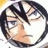 Pixelated anime-style character face with dark hair and closed eyes on left, black background with white text on right.