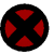 A circular icon with a black background and red X-shaped segments, shown in multiple orientations including full circle, oval, and vertical bar.