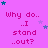Pink background with repeated text 'Why do...I stand...out?' in purple, scattered blue and light purple stars.