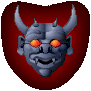 Six identical devil head icons arranged in two on a red shield background, each with glowing orange eyes and horns