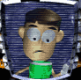 Two cartoon characters in green shirts against a blue striped background, showing different expressions and poses across four