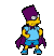 Pixelated cartoon character with yellow skin, purple hat and cape, light blue shirt, blue shorts, and blue shoes stands in various poses against gray background.